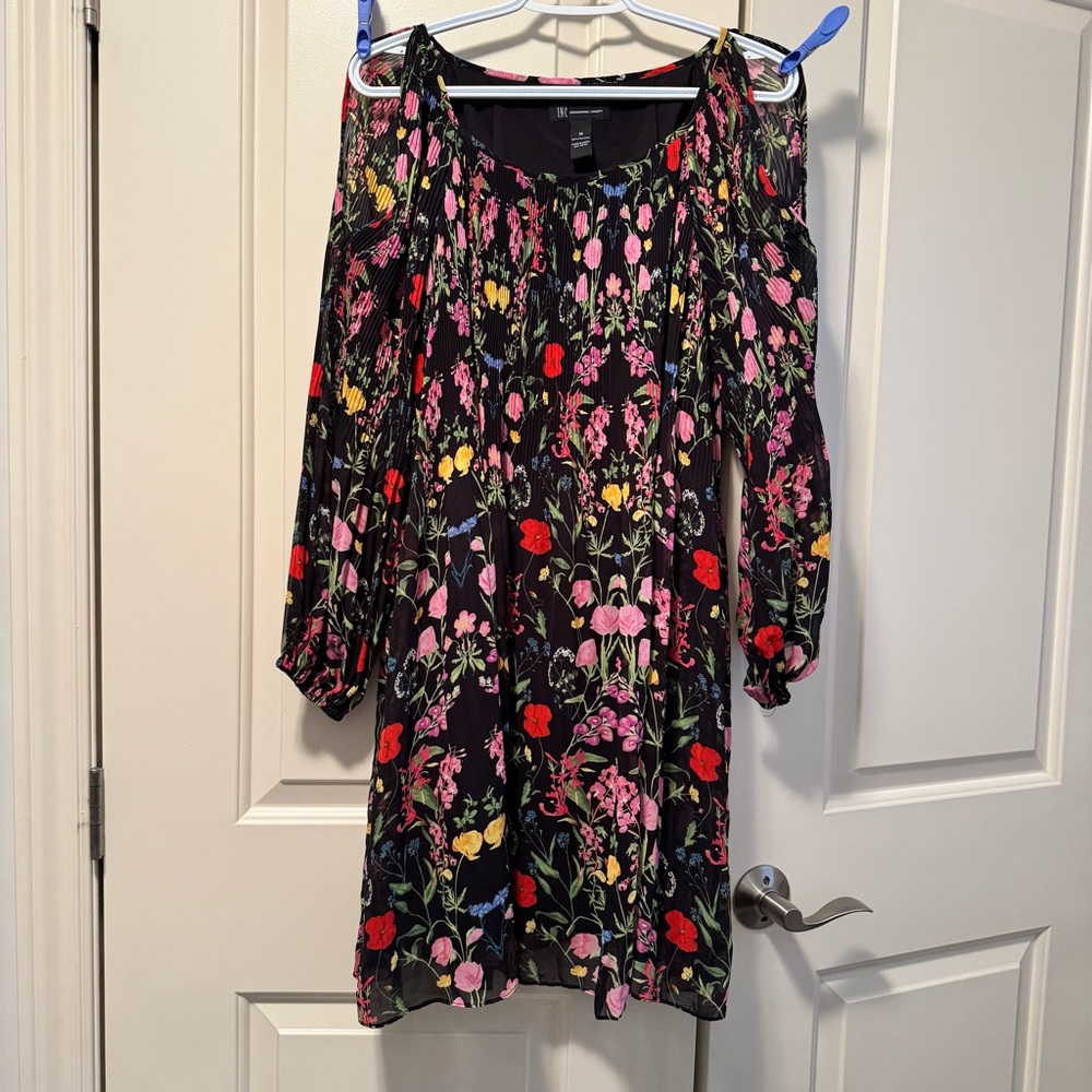 INC International Concepts Black Floral Long Sleeve Cold Shoulder Pleated Dress
